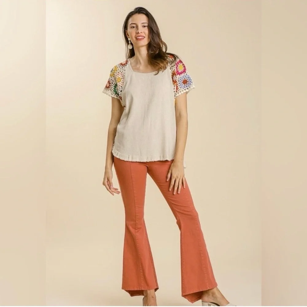 UMGEE Frayed Hem Linen Blend Colorful Crochet Sleeve Boho Tunic Top Size Small - Picture 2 of 14